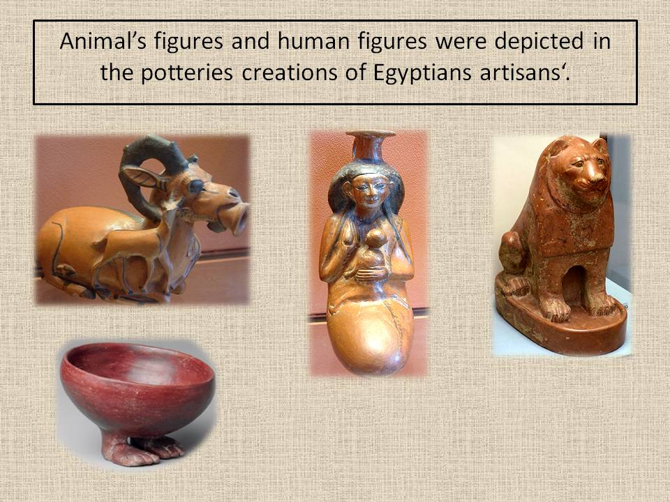 animal and human figures depictions in Egyptian ceramic.